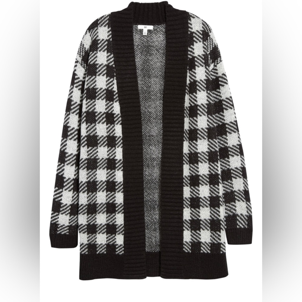 Bp. Womens Small Black Ivory Buffalo Check Plaid Longline Cardigan Sweater